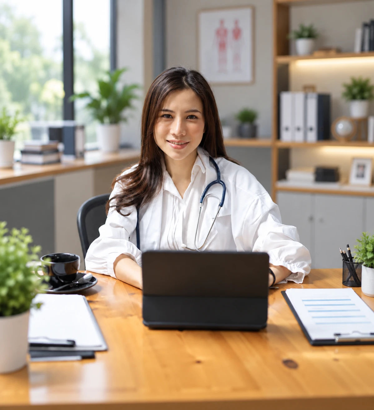 Illustrative clinician reviewing information at a laptop